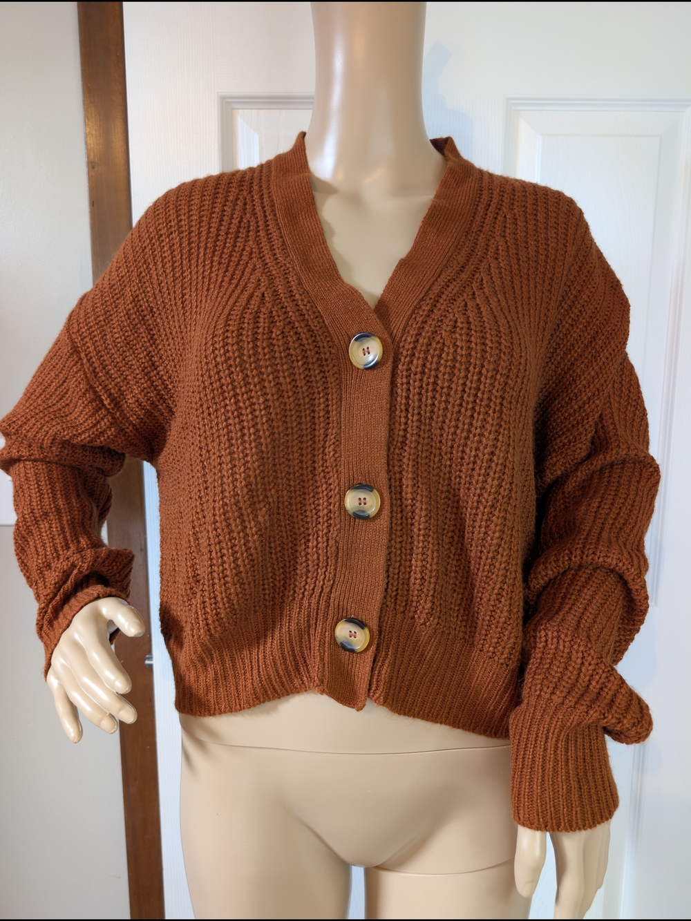 Love Change Italy Rust (Burnt Orange/Red) Chunky Knit Button-Up Crop Cardigan-XL